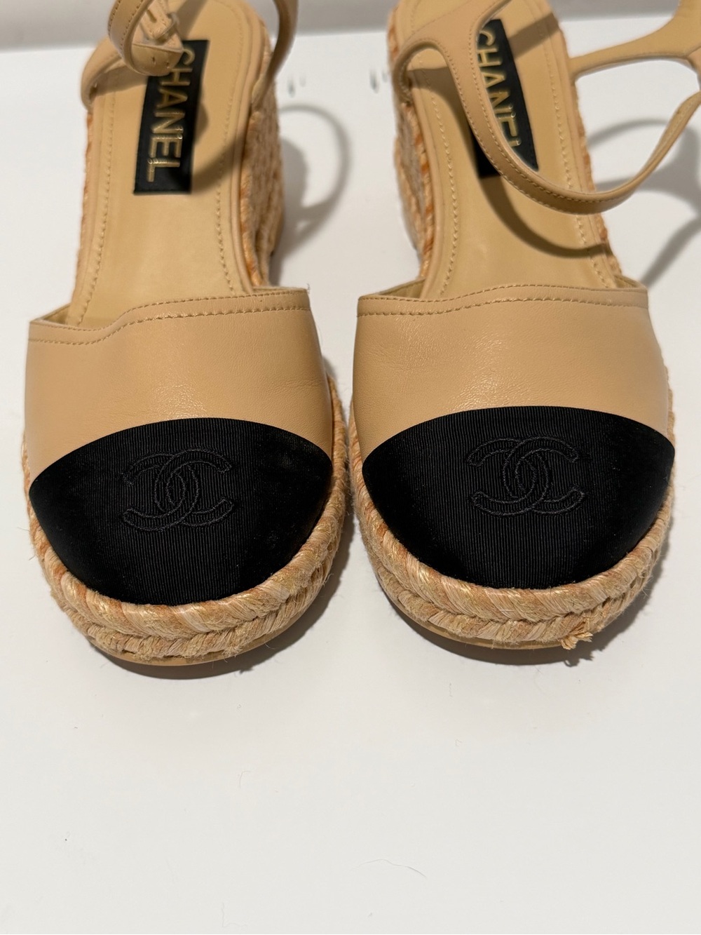 CHANEL Beige and Black Espadrille Wedge Sandals